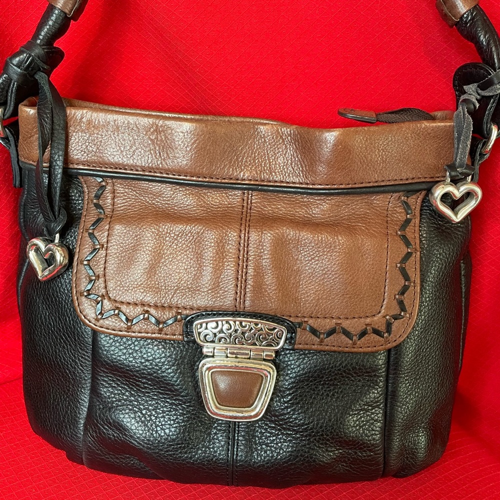 Brighton Vintage Black & Brown Leather Shoulder Bag with Silver Tone Hardware.